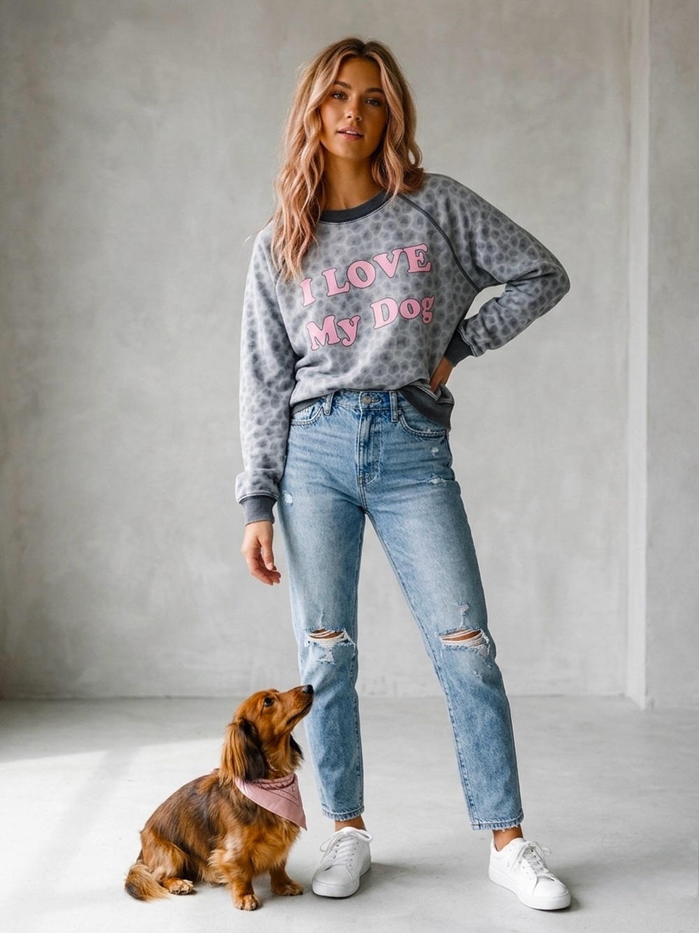 🩷🐶NWT Recycled Karma “I LOVE🩷 My Dog🐶 Sweatshirt" Gray🩶Leopard🐆& Pink🩷Font SML